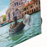 Mid-century modernist acrylic print of abstract gondola in muted earth tones, ideal for dining room art.