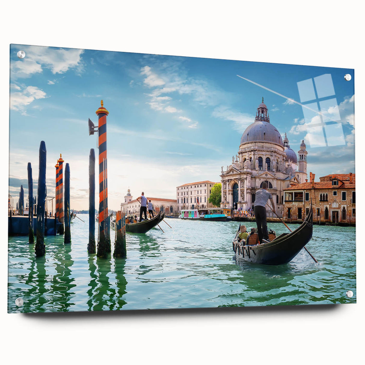 Acrylic print of a side-view gondola on a serene waterway in muted blue and gray tones, suitable for dining room decor.