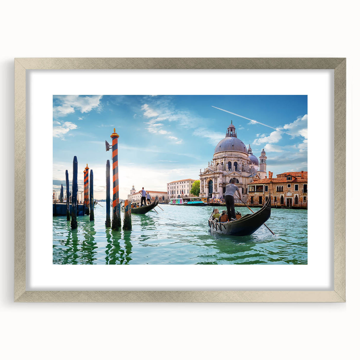 Abstract art print of a gondola on water in muted blue and gray tones, framed in silver, suitable for dining room decor.