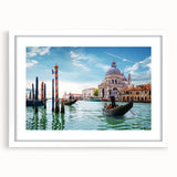 Extra large abstract art print featuring a textured depiction of a gondola on water, in muted blue and gray tones.
