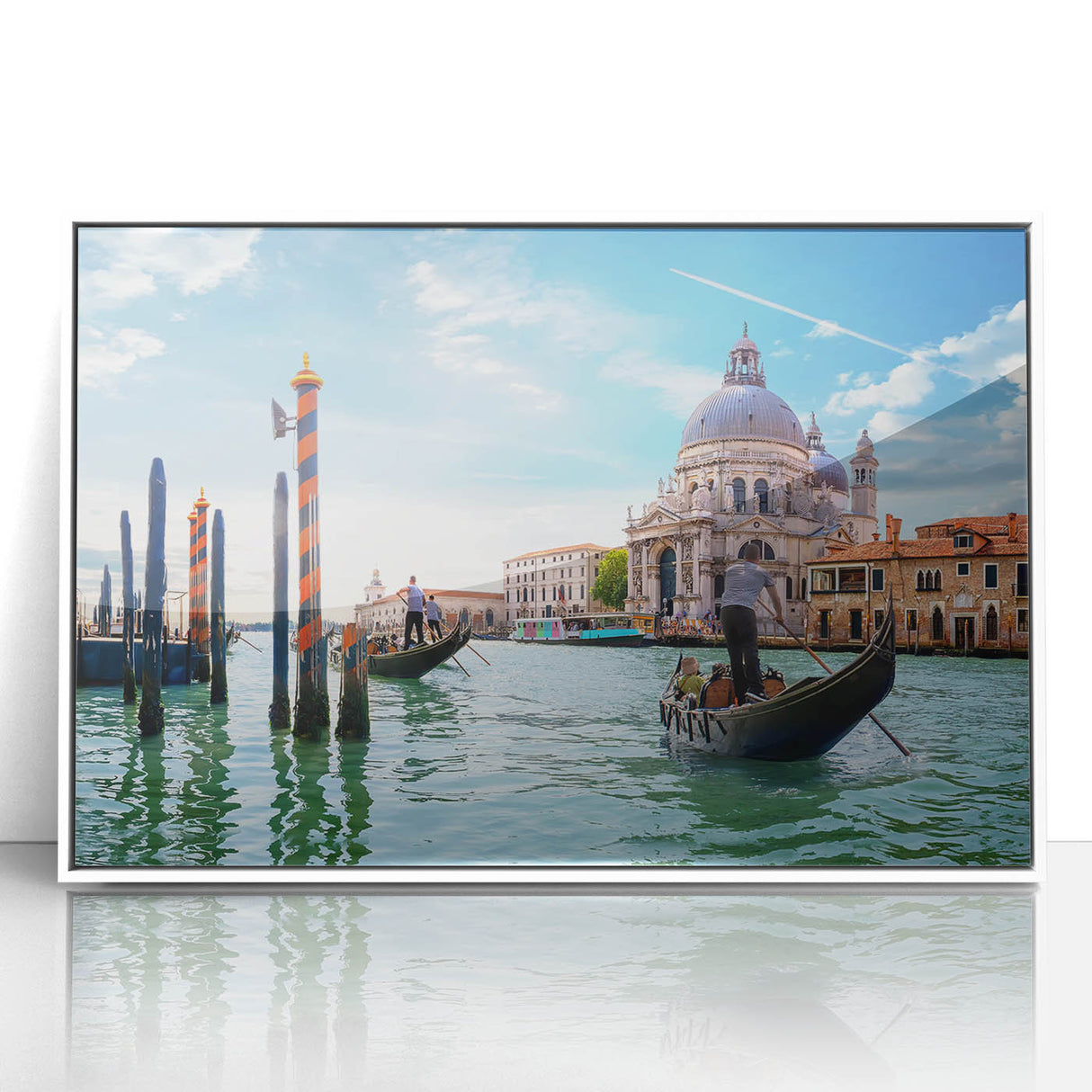 Acrylic print of a mid-century modernist gondola on water, in muted blue and gray tones, ideal for nursery wall art.