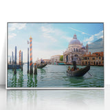 Acrylic print of a mid-century modernist gondola on water, in muted blue and gray tones, ideal for nursery wall art.