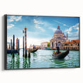 Black and white framed canvas featuring a vintage-style gondola on a tranquil waterway, ideal for bedroom wall decor.