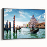 Black and white framed canvas featuring a vintage-style gondola on a tranquil waterway, ideal for bedroom wall decor.