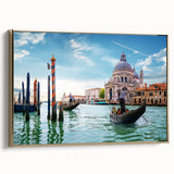 Framed canvas of a vintage-style gondola on a colorful, abstract river, ideal for adding character to a living room.