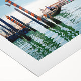 Art deco poster featuring a gondola on water in muted blue and gray tones, printed on rolled canvas.