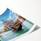 Extra large rolled print of a gondola on a canal, depicted in line art style with muted earth tones.