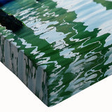 Black and white landscape art painting of a gondola on water, printed on large stretched canvas.