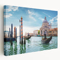 A gondola floating on calm waters, depicted in serene blue and gray tones on a stretched canvas.