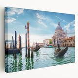 A gondola floating on calm waters, depicted in serene blue and gray tones on a stretched canvas.