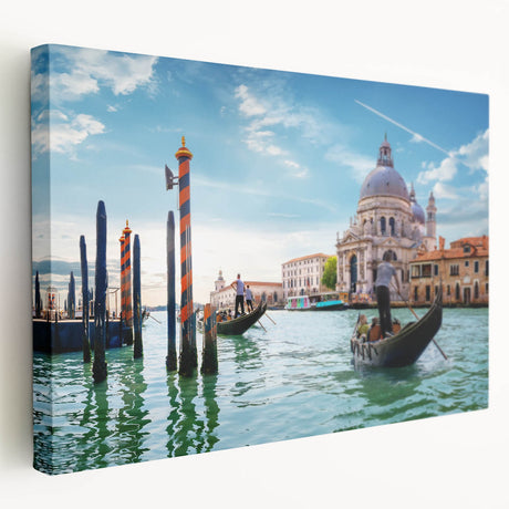 A gondola floating on calm waters, depicted in serene blue and gray tones on a stretched canvas.