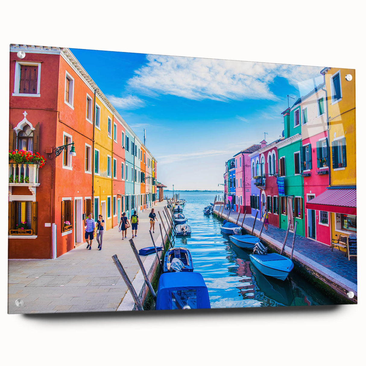 Acrylic print of a gondola floating on water in muted blues and grays, suitable for dining room decor.