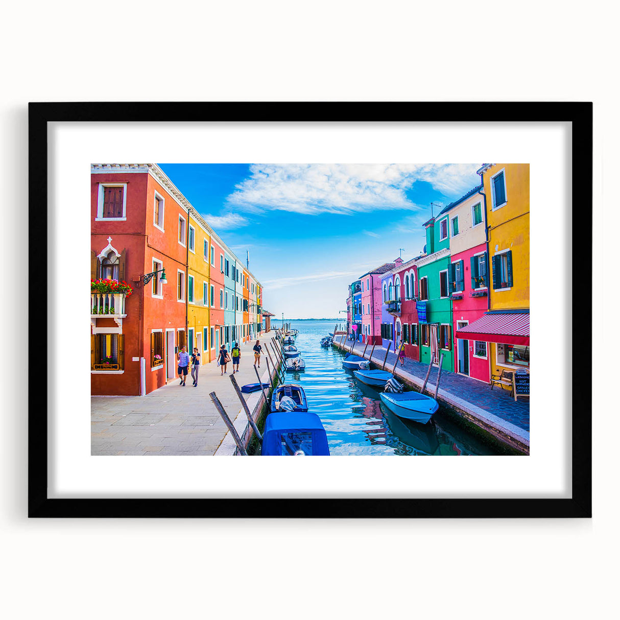 Extra large framed print of an abstract gondola in vibrant colors on textured canvas, ideal for living room decor.