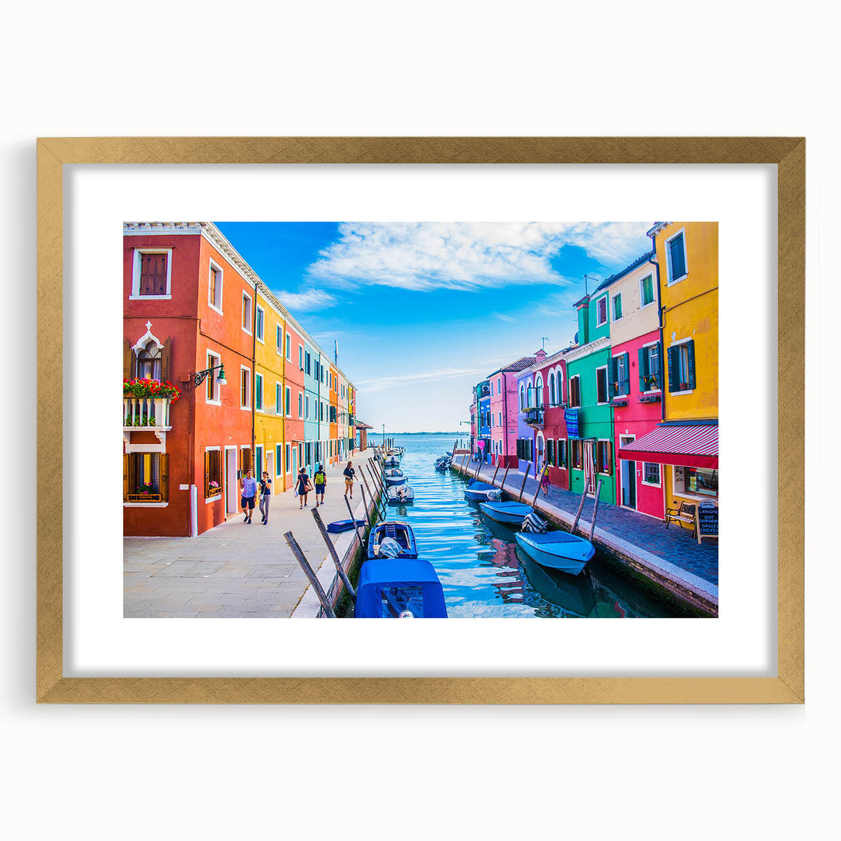 Textured abstract art print of a gondola in muted gold and blue tones on a framed canvas, suitable for bedroom decor.