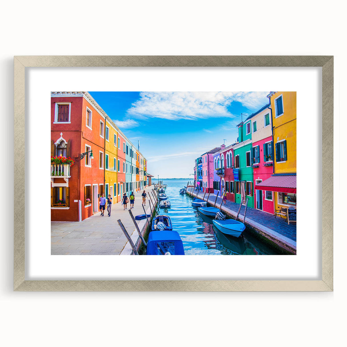 Abstract art print of a stylized gondola in cool blue and gray tones on a framed canvas, suitable for dining room decor.