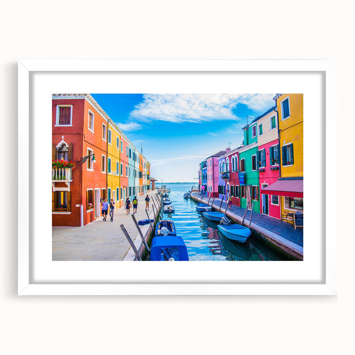 Extra large abstract art print of a gondola in muted blue and gray tones on a white framed canvas.