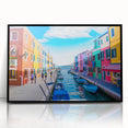 Large abstract wall art depicting a gondola on water in muted blue and gray tones, framed acrylic print.