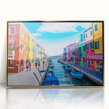 Mid-century modernist art depicting a gondola on water, in acrylic gold framed poster, ideal for nursery wall art.