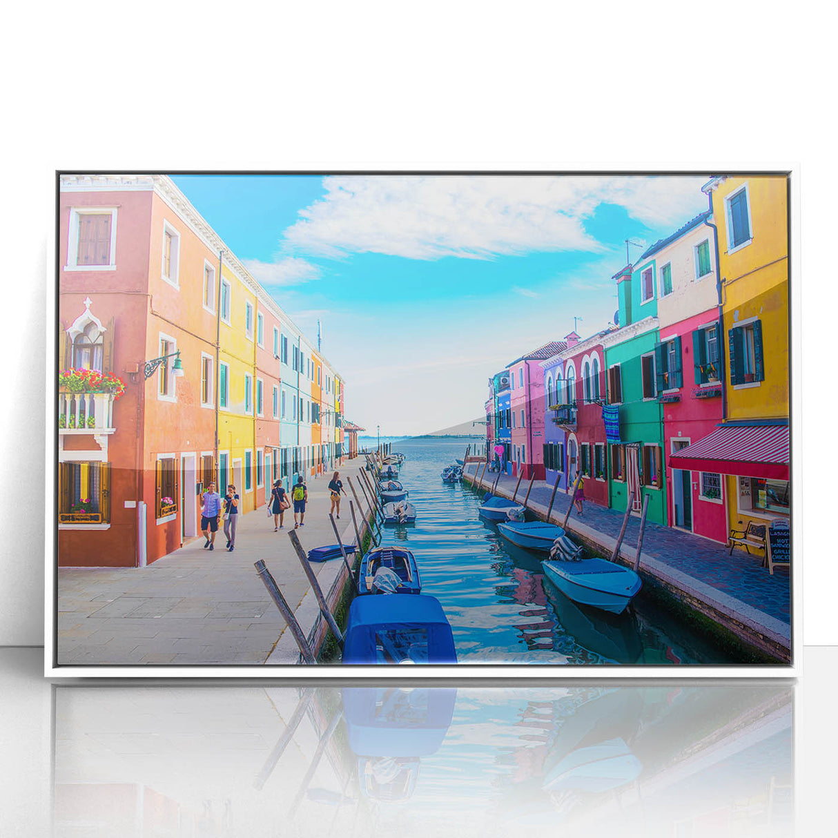 Mid-century modernist style gondola on a canal, muted blue and gray tones, framed acrylic print.