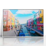 Mid-century modernist style gondola on a canal, muted blue and gray tones, framed acrylic print.