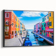Black and white framed canvas featuring a vintage gondola on calm waters, ideal for bedroom wall art.