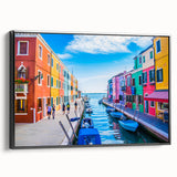Black and white framed canvas featuring a vintage gondola on calm waters, ideal for bedroom wall art.