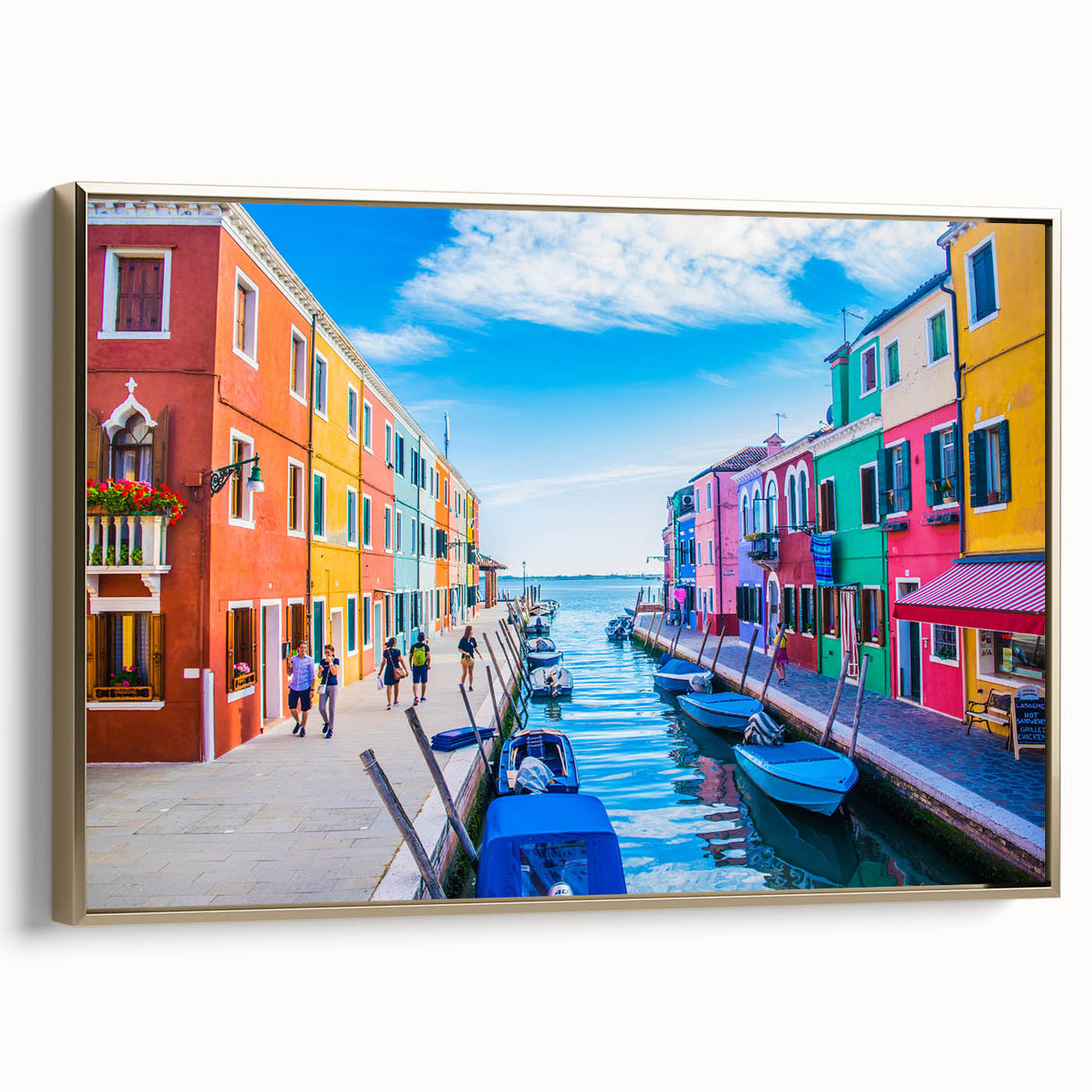 Framed canvas depicting a vintage gondola on a canal, using a black and colorful art palette, ideal for living room decor.