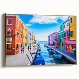 Framed canvas depicting a vintage gondola on a canal, using a black and colorful art palette, ideal for living room decor.