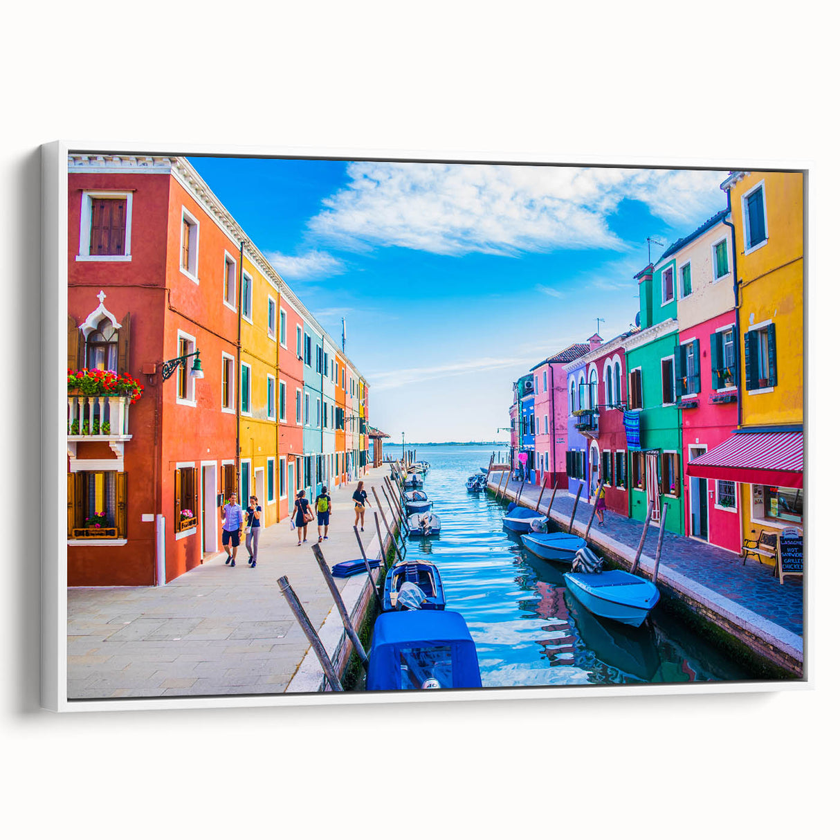 Framed canvas featuring a vintage poster art of a gondola in a landscape, rendered in black and white tones.