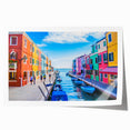 Extra large rolled print of a gondola on a calm canal, using muted blue and gray tones, ideal for art wall dining room.