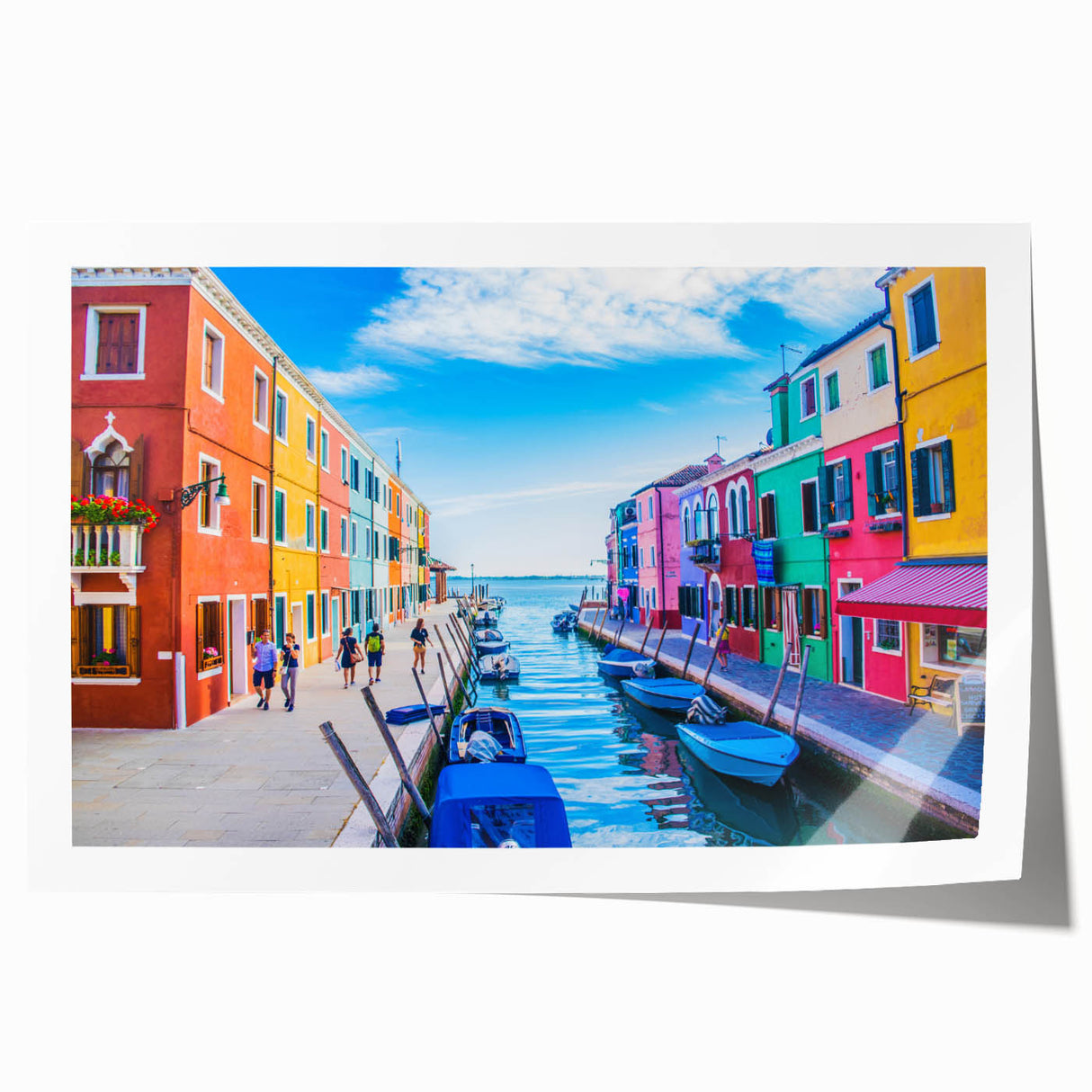 Extra large rolled print of a gondola on a calm canal, using muted blue and gray tones, ideal for art wall dining room.