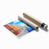 Extra large wall art featuring a gondola on serene water, in muted blue and gray tones, ideal for classy bathroom decor.