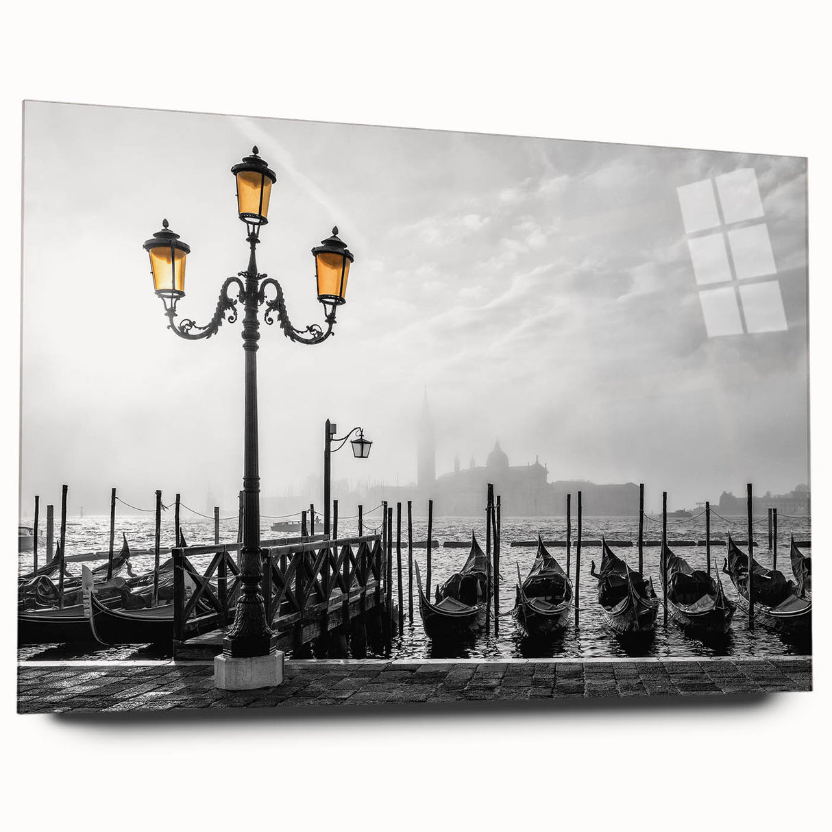 Acrylic print of a gondola on a calm waterway in muted blue and gray tones, suitable for bedroom or dining room decor.
