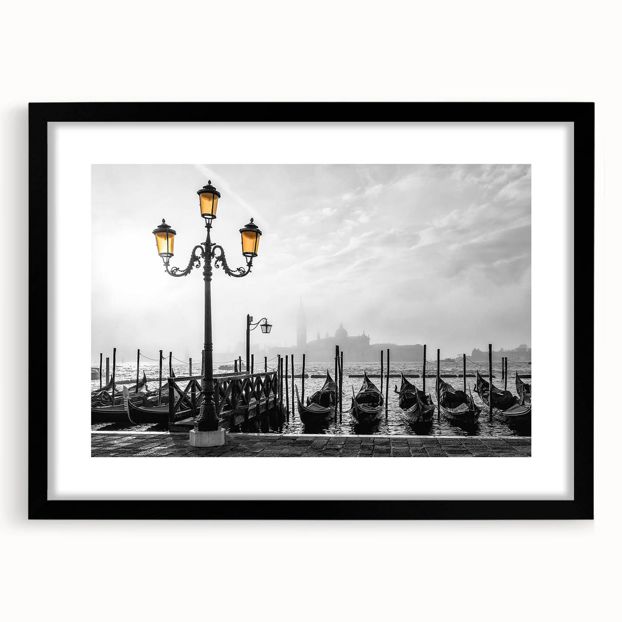 Abstract art print of colorful gondolas on textured canvas, framed in black, ideal for living room decor.