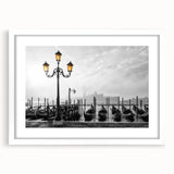 Extra large abstract art print featuring a textured depiction of a gondola on water, in muted blue and gray tones.