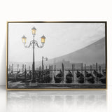 Mid-century modernist gondola print in muted gold and black tones on framed acrylic, suitable for modern art wall decor.