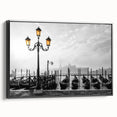 Black and white vintage poster art of a gondola on water, framed canvas, ideal for bedroom wall decor.