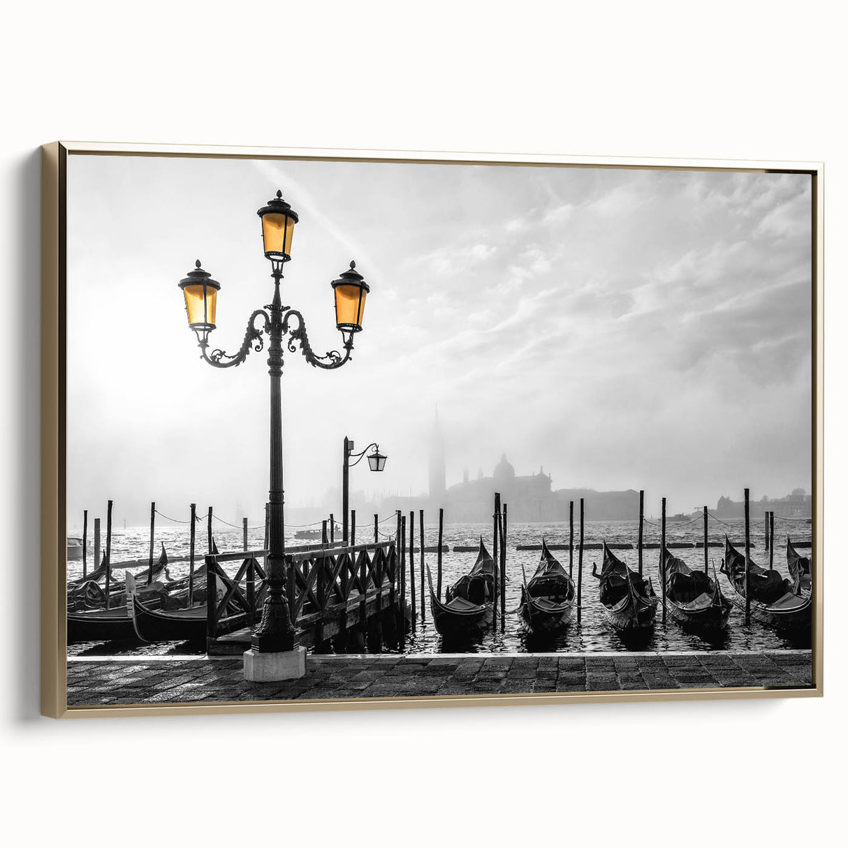 Framed canvas featuring a vintage-style landscape art painting of a colorful gondola on black background.
