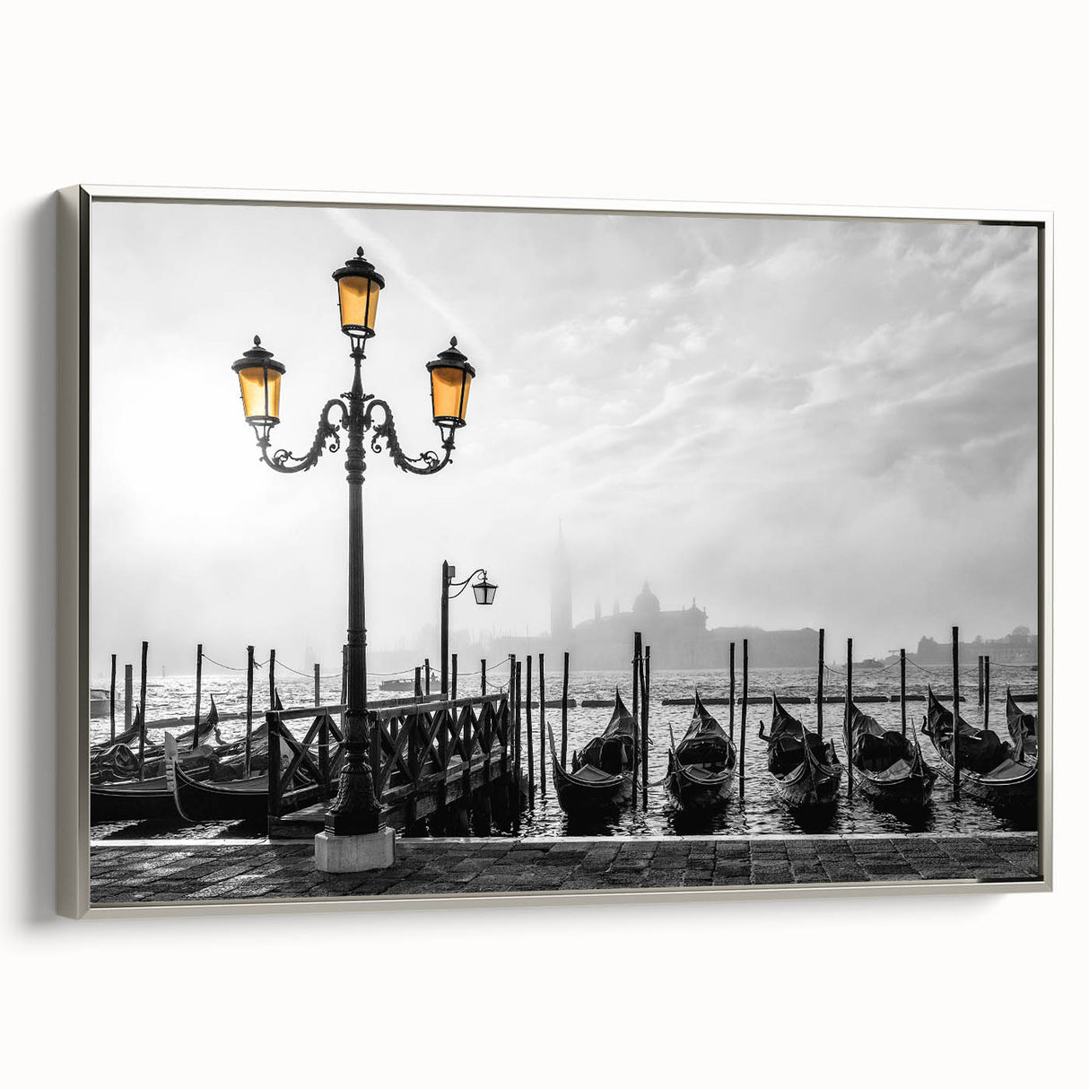 Vintage poster art of a colorful gondola on a black background, framed canvas, ideal for living room decor.