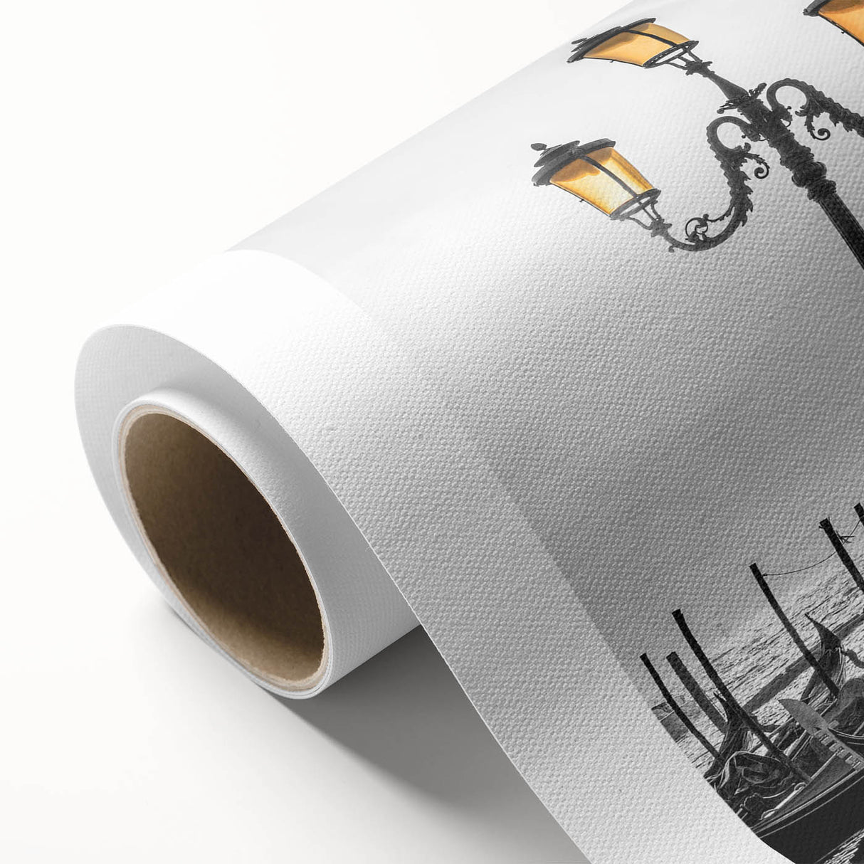 Art deco style poster of a gondola on water, in muted blue and gray tones, rolled canvas, ideal for nursery wall art.