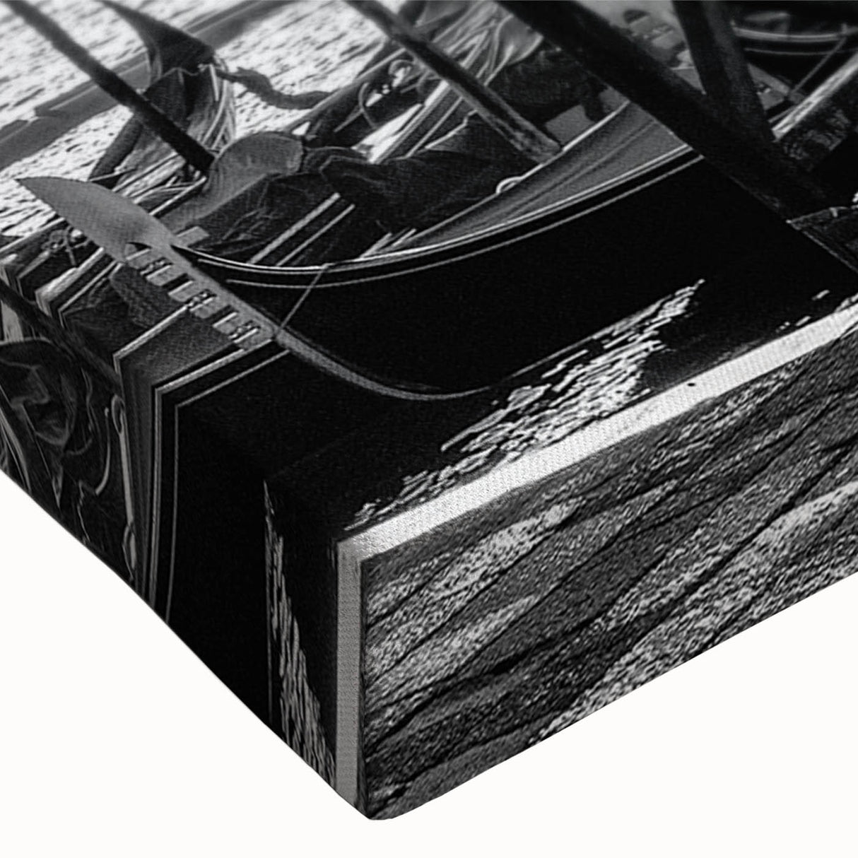 Black and white photo of a gondola on calm waters, printed on large stretched canvas, suitable for bedroom wall decor.