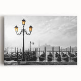 Black and white photograph of a gondola on water, printed on large stretched canvas, suitable for kitchen wall art.