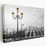 Venetian gondola on calm water, in muted earth tones on stretched canvas, ideal for kitchen wall art.