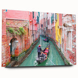Acrylic print of a gondola on a canal, in muted blues and grays, suitable for dining room decor.