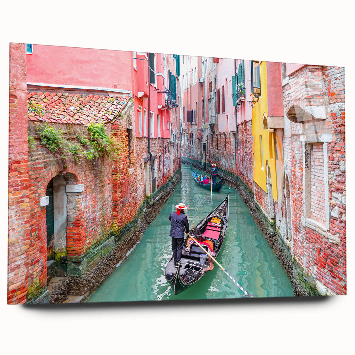 Acrylic print of a gondola on a serene waterway in muted blue and gray tones, suitable for bedroom or dining room decor.