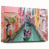 Acrylic print of a gondola on a serene waterway in muted blue and gray tones, suitable for bedroom or dining room decor.