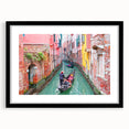 Extra large abstract art print of a colorful gondola on textured canvas, framed in black, ideal for living room decor.