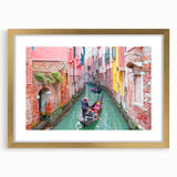 Textured art depicting an abstract gondola in muted gold and black, framed with a gold mat, suitable for bedroom decor.