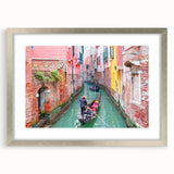 Abstract art print of a gondola in muted blue and gray tones on a silver-framed canvas, ideal for dining room decor.