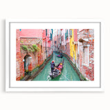Extra large abstract art print of a gondola on textured canvas, using muted earth tones, framed in white.